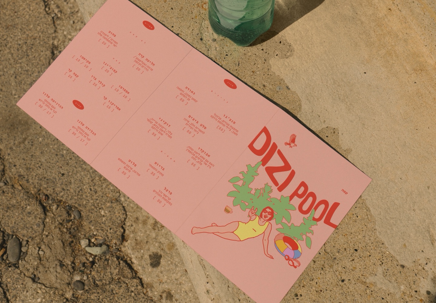 Pink Dizi Pool café menu with an illustrated sunbather