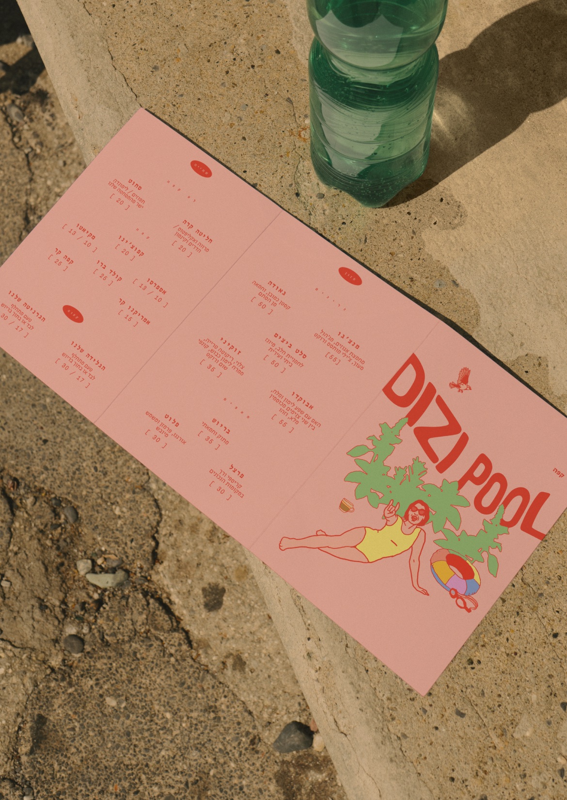 Pink Dizi Pool café menu with an illustrated sunbather