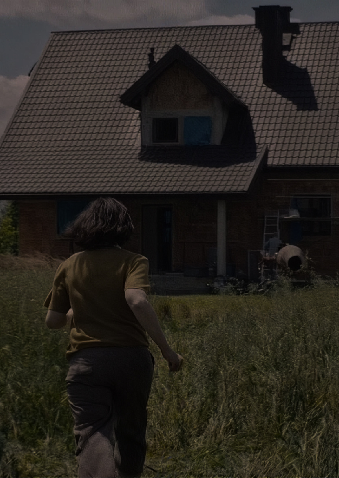 Film still of a girl running toward a house, with the animated brand shape